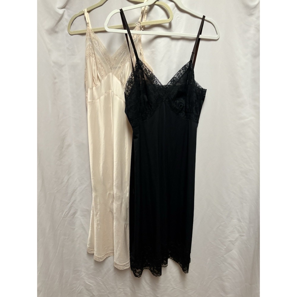 Lot 2 Vintage Lacy Slips Black & Ivory Satin Lace Trim Lingerie Size M
